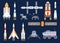 Spacecraft technology. Satellites, rockets, space station, ships, shuttles, moon and mars rovers. Universe exploring