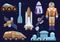 Spacecrafts, colony building, rocket, cosmonaut in space suit, sattelite and mars robot rover set. Vector galaxy space