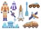 Spacecrafts, colony building, rocket, cosmonaut in space suit, sattelite and mars robot rover set. Vector galaxy space