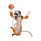 Spaceman or Astronaut Man Character in Space Suit on the Moon Playing Basketball Vector Illustration