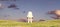 Spaceman Astronaut Standing on a Green Grass Meadow Hill Landscape Pink Spring Sunset Rear View