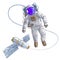Spaceman flying in open space connected to space station, astronaut man or woman in spacesuit floating in weightlessness and iss