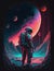 Spaceman on futuristic landscape background. Astronaut and colorful fantasy planet for National Space Day. Generative AI