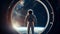 Spaceman in a spacesuit stands in front of spaceship circle window, Generative AI