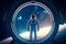 Spaceman in a spacesuit stands in front of spaceship circle window. Postproducted generative AI digital illustration.Generative AI