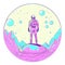 Spaceman walking on alien planet. Astronaut in retro style standing on rocky surface, view from behind. sci-fi cosmic character