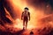 Spaceman walks on the red planet Mars. Space Mission. Astronaut travel in space. Generative AI