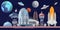 Spaceport of future cartoon vector illustration. Spaceships, launching pad, astronauts, satellites, planets. Space