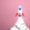 Spaceship 3D render on pink background. Rocket upswing on space minimal style. Business concept