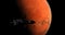 Spaceship arriving at planet Mars, space mission to the red planet