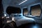 spaceship bedroom with futuristic console and starry night sky visible through the window