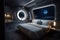 spaceship bedroom, with view of the galaxy visible through the window