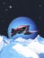 Spaceship exploring a frozen moon of an alien planet, flying over the mountains, 3d illustration