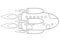 Spaceship in flight - vector linear picture for coloring. Outline. The starship flies on all engines - for a coloring book. rocket