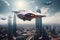 spaceship flying over futuristic city, with towering skyscrapers and hovercars