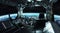 Spaceship grunge interior control room with view on space 3D rendering elements of this image furnished by NASA