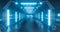 Spaceship interior architecture corridor,modern futuristic Sci Fi space,metal floor and light panels,white neon glowing light and