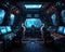 Spaceship interior dark futuristic control room.