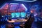 Spaceship interior with a view of the city. 3D rendering, Futuristic gaming room with a lot of gaming equipment. 3d rendering, AI