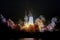 Spaceship launch at night, landscape with colorful smoke clouds and galaxy background.