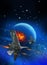 spaceship launching rockets and earth, space wars, nebula and planet, 3d rendering