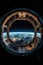 spaceship round window with sunrise over planet view, space station porthole illuminator with planetary sunset view