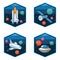 Spaceship satellite and ufo set of emblems