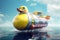 Spaceship shaped like a giant rubber duck, powered by quantum physics, and capable of traversing the cosmos with its whimsical