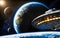 Spaceship in space, with glow and lights, fantasy photo, beautiful planets, planet earth, planet sun. Deep space, solar