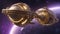 spaceship in space _A massive and elegant spaceship with a golden hull and purple lights. The ship has a circular shape