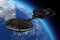 Spaceship, Space Station or Alien UFO Spacecraft in Flight Orbiting Earth. Elements of this image furnished by NASA. 3d Rendering