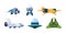 Spaceship. Ufo and rockets space travel universe shuttles garish vector futuristic jet plane illustrations in cartoon