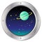 Spaceship window porthole with galaxy, Saturn and yellow stars. Vector illustration