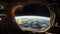 spaceship window with sunrise over planet view, space station porthole illuminator with planetary sunset view, astronomy