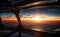 spaceship window with sunrise over planet view, space station porthole illuminator with planetary sunset view, astronomy