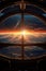 spaceship window with sunrise over planet view, space station porthole illuminator with planetary sunset view, astronomy