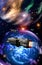 Spaceships fleet near a big nebula, 3d illustration