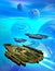 Spaceships flying over an alien habitat on a blue planet with atmosphere and ocean, 3d illustration