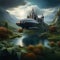 spaceships flying over the lake, fantasy scenery, time travelers, generative ai illustration, medieval castle on the hill