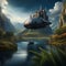 spaceships flying over the lake, fantasy scenery, time travelers, generative ai illustration, medieval castle on the hill