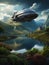 spaceships flying over the lake, fantasy scenery, time travelers, generative ai illustration, medieval castle on the hill