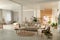 Spacious apartment interior with wooden furniture. Idea for design
