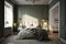 Spacious bedroom interior in beige and olive colour