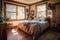 spacious bedroom with rustic wooden bed frame, lush pillows and cozy quilt