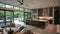 Spacious bright kitchen interior in a modern luxury villa. Minimalist facades, kitchen island, built-in home appliances