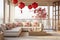 Spacious, bright living room with large windows, a cozy sofa with showers, decorated in honor of the Chinese New Year with