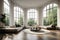 Spacious bright living room with panoramic windows. AI Generated