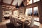 spacious chalet interior with big dining table on chalet in beige tones