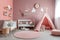 Spacious children room with play tent for girl. Generative AI