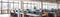 Spacious Collaborative Workspace Openconcept Office Featuring Workstations. Panoramic Banner. Generative AI
